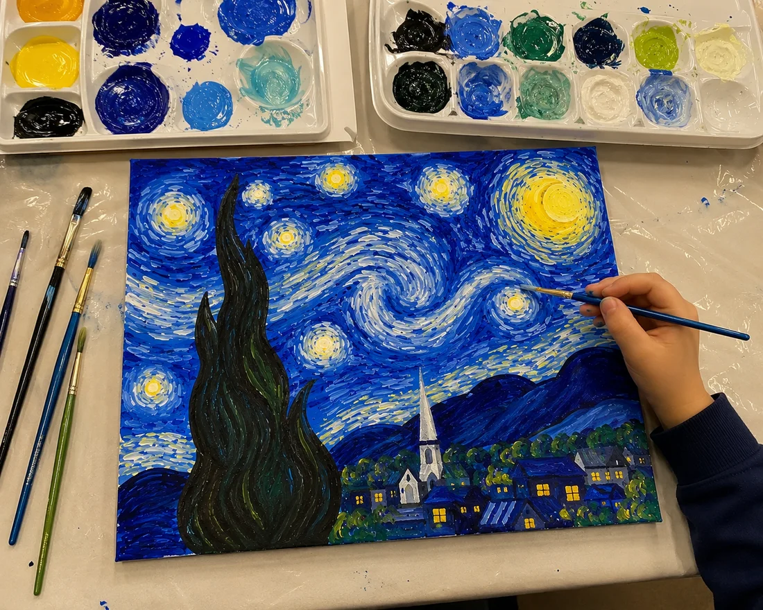 Van Gogh's Starry Night painted in acrylic on canvas, next to palettes of paint