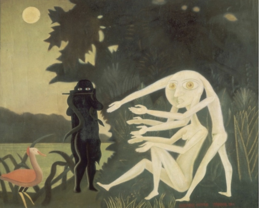 A surrealist painting of pale figures in a moonlit landscape