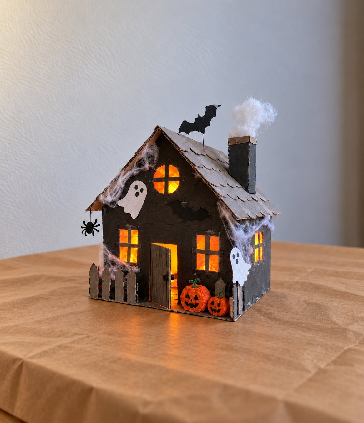 A cardboard haunted house with glowing windows, ghosts and a bat
