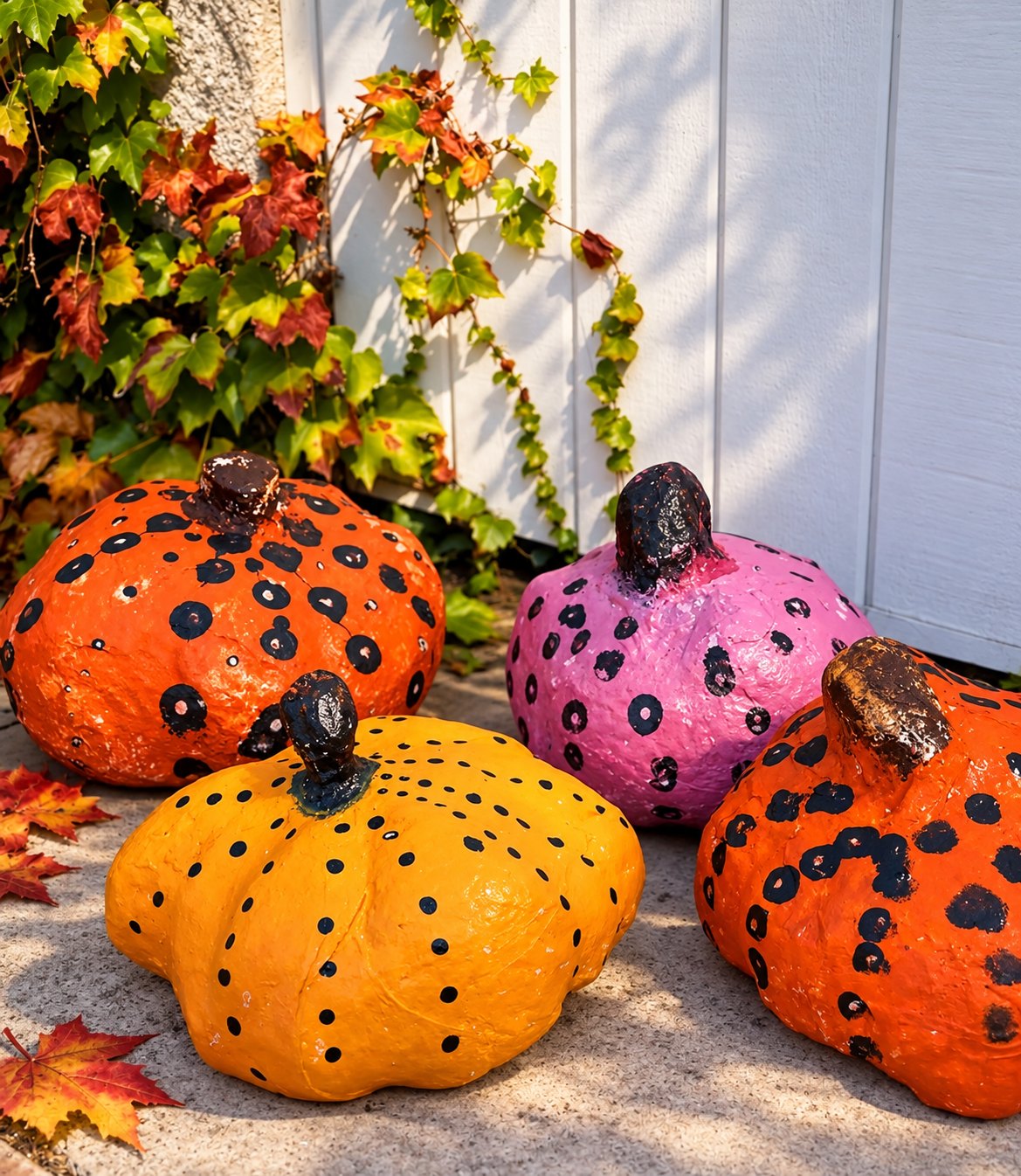 Papier-mâché pumpkins painted orange and pink with black dots