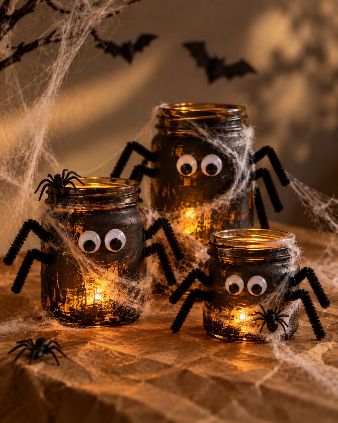 Three black spider jars with googly eyes and lights glowing inside