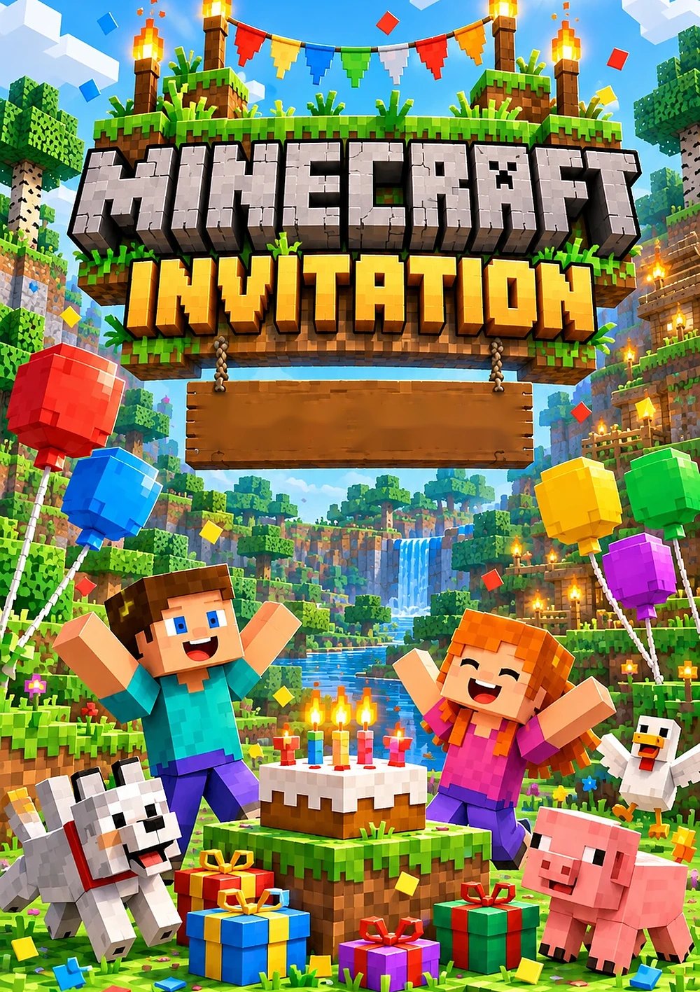 A Minecraft-style birthday invitation: Steve, Alex, a cake and presents in a block world