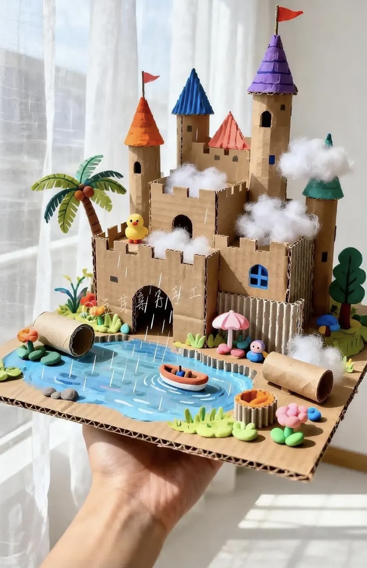 A cardboard castle with painted towers, a moat, a palm tree and clouds, decorated with foam clay