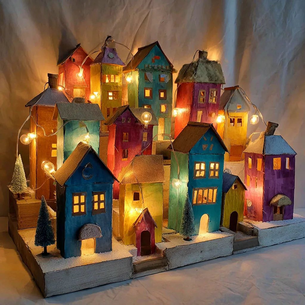 A winter town of painted milk cartons lit with fairy lights